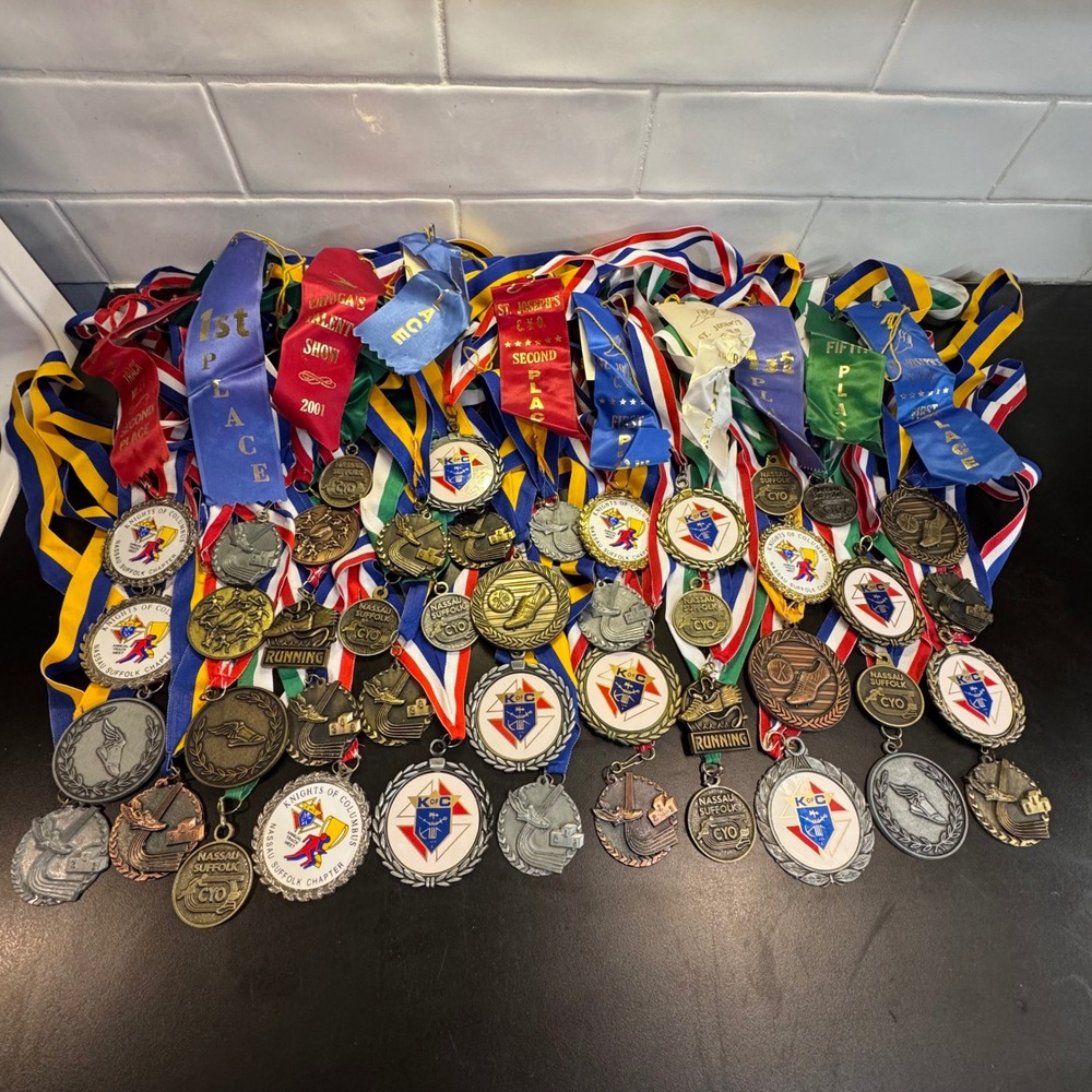 Knights of Columbus CYO Track Field Medals Ribbons Lot Kids Gold Silver Ee-6
